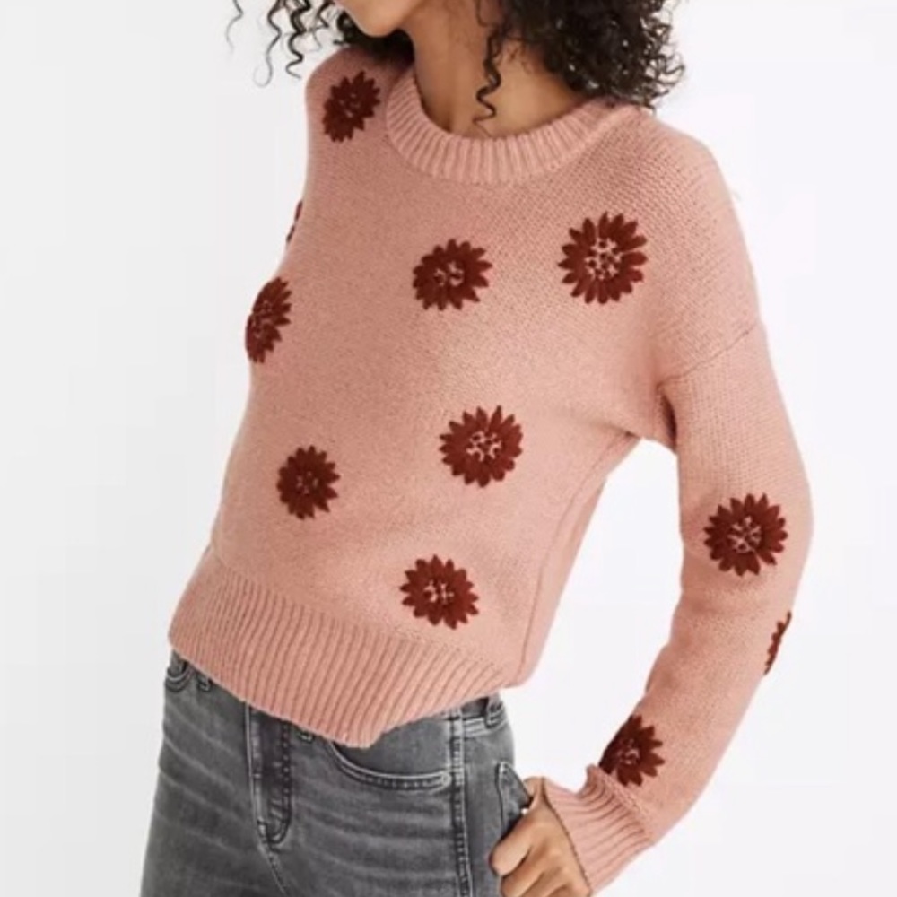 Madewell Pink Wool Alpaca Flower Embroidered Pullover Sweater| XXS